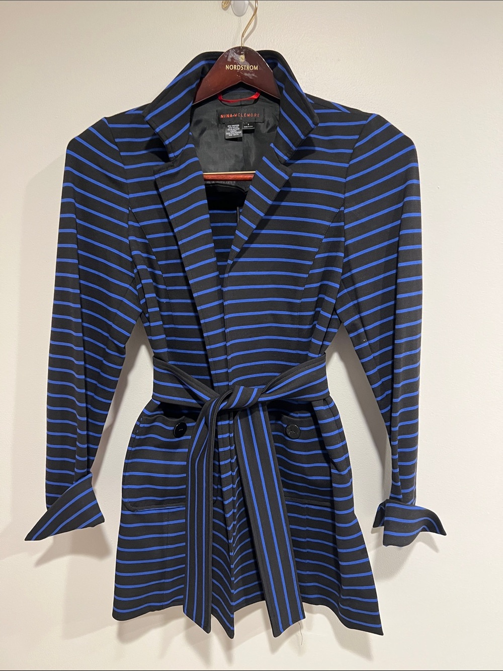 Milly Striped Belted Robe Blazer in Black and Blue